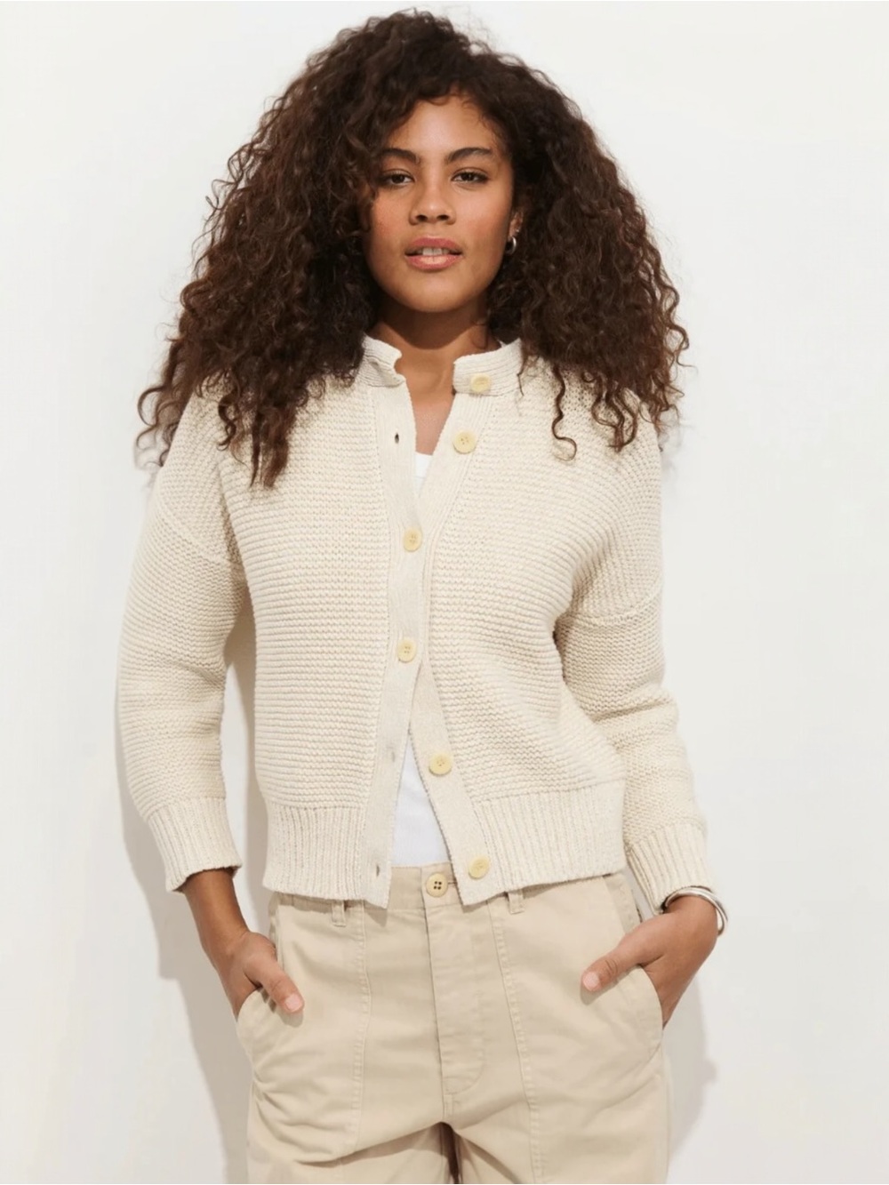 Alex Mill Nico Chunky Cotton Cardigan Marled Ivory Button Front NWT Large